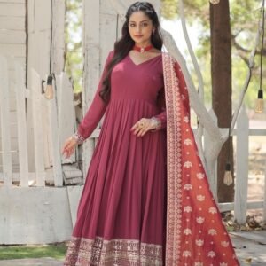 Latest Fancy Maroon Georgette Gown With Sequins Work Dupatta