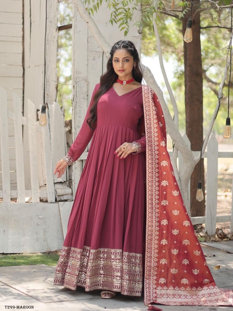 latest fancy maroon georgette 1722924266 Latest Fancy Maroon Georgette Gown With Sequins Work Dupatta