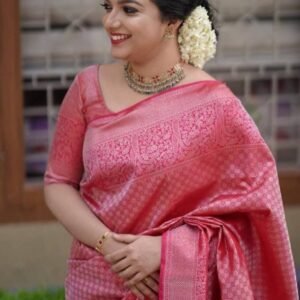 Latest Fancy Pink Soft Lichi Slik Banarasi Saree