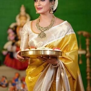 Latest Fancy Tissue Silk Banararasi Golden Colour
