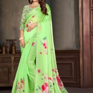 Latest Floral Printed Design Green Saree