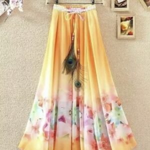 Latest Flower Digital Print Silk Ladies Orange Skirt