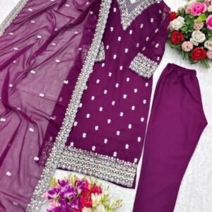 Latest Georgette Purple Kurta Pant Dupatta Set for Women