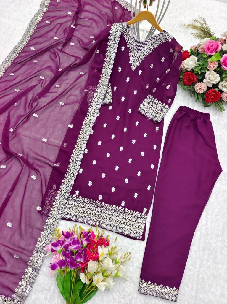 latest georgette kurta pant du 1722691899 Latest Georgette Purple Kurta Pant Dupatta Set for Women