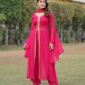 Latest Georgette Pink Color Kurti Pant Set