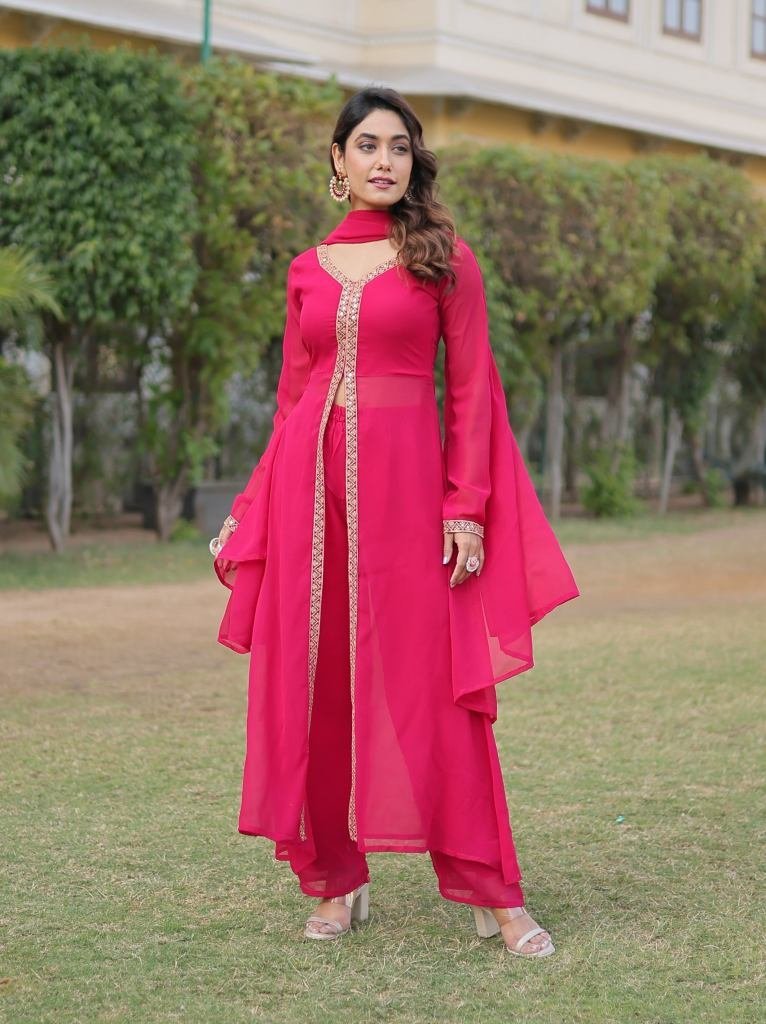 latest georgette pink color ku 1728984961 Latest Georgette Pink Color Kurti Pant Set