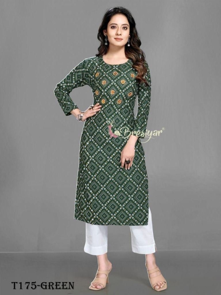 latest green bandhani print pu 1720162811 Latest Green Bandhani Print Pure Rayon Kurti