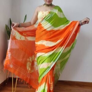 Latest Green With Orange Shibori Saree With Blouse