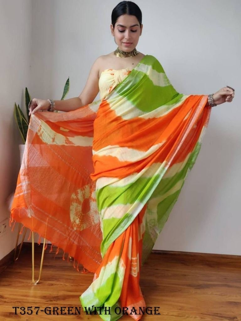 latest green with orange shibo 1725010214 Latest Green With Orange Shibori Saree With Blouse