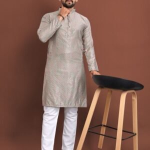 Latest Indian Wear Silk Grey Men Kurta With Pajama