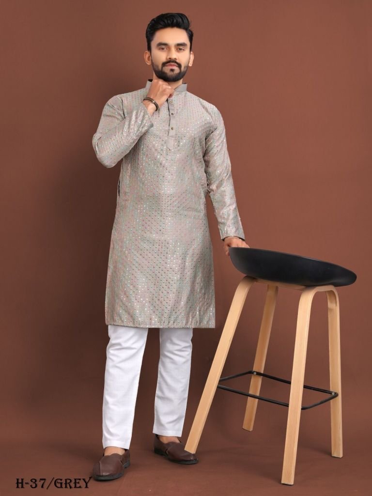 latest indian wear silk grey m 1723208620 Latest Indian Wear Silk Grey Men Kurta With Pajama
