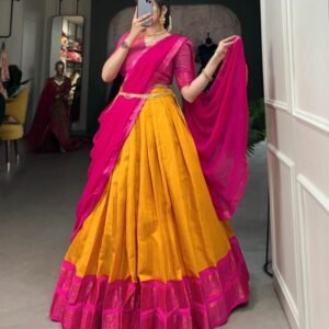 Latest Kanchipuram Silk Mustard Lehenga Choli With Pink Dupatta