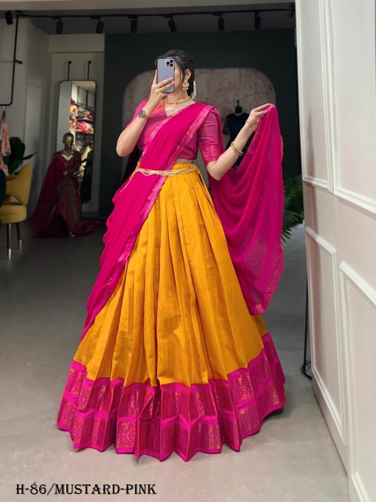 latest kanchipuram silk mustar 1725014748 Latest Kanchipuram Silk Mustard Lehenga Choli With Pink Dupatta