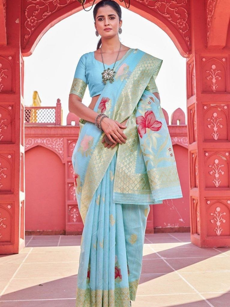 latest launch luxurious sky bl 1727847566 Latest Launch Luxurious Sky Blue Cotton Saree