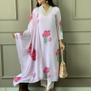 Latest Lavender Printed And Embroidery Straight Kurtis Dupatta Pant Set