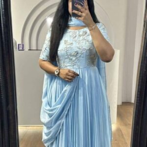 Latest Luxurious Chinon Silk Blue Gown