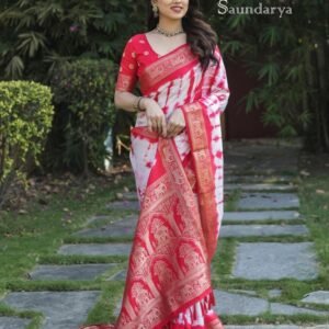 Latest Luxurious Red Dola Silk Saree With Shibori Printed Work