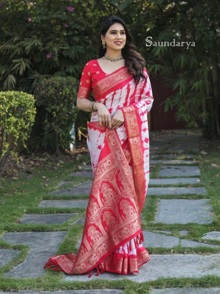 latest luxurious red dola silk 1724936320 Latest Luxurious Red Dola Silk Saree With Shibori Printed Work