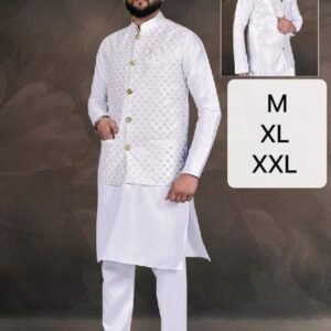 Latest Mens Wear White Pure Silk Kurta Pajama With Koti Set