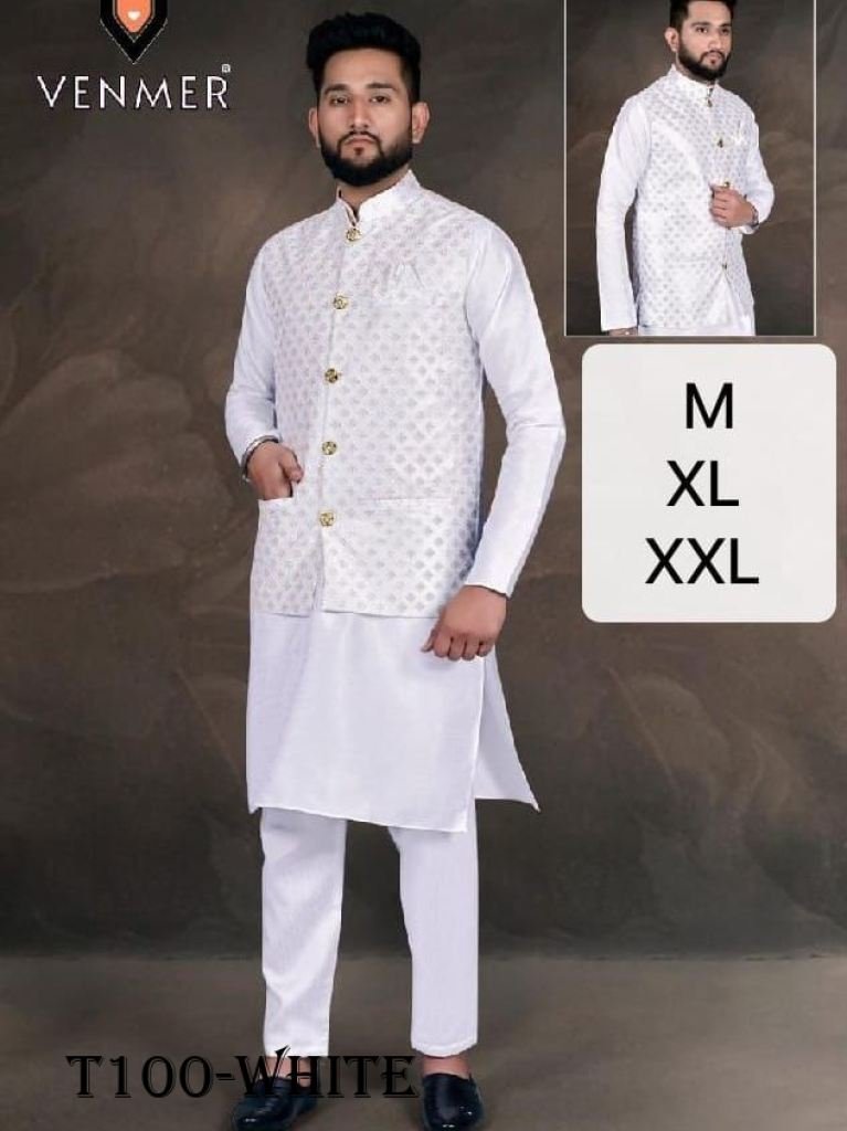 latest mens wear white pure si 1720591972 Latest Mens Wear White Pure Silk Kurta Pajama With Koti Set