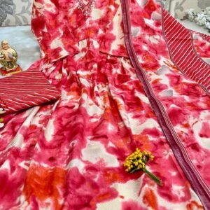 Latest Muslin and Silk Red Kurti Pant With Dupatta