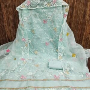 Latest Organza Silk Sky Blue Embroidery Dress Material