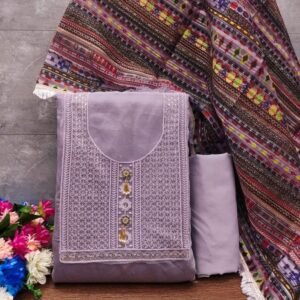 Latest Roman Silk Purple Dress Material With Printed Dupatta