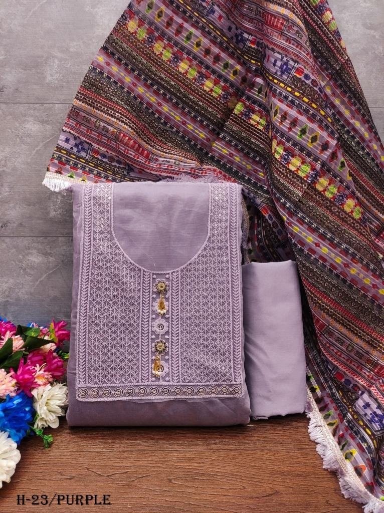 latest purple dress material w 1721824055 Latest Roman Silk Purple Dress Material With Printed Dupatta