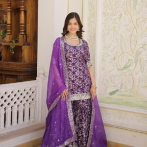 Latest Purple Gharara Suit With Embroidery Sequence Work