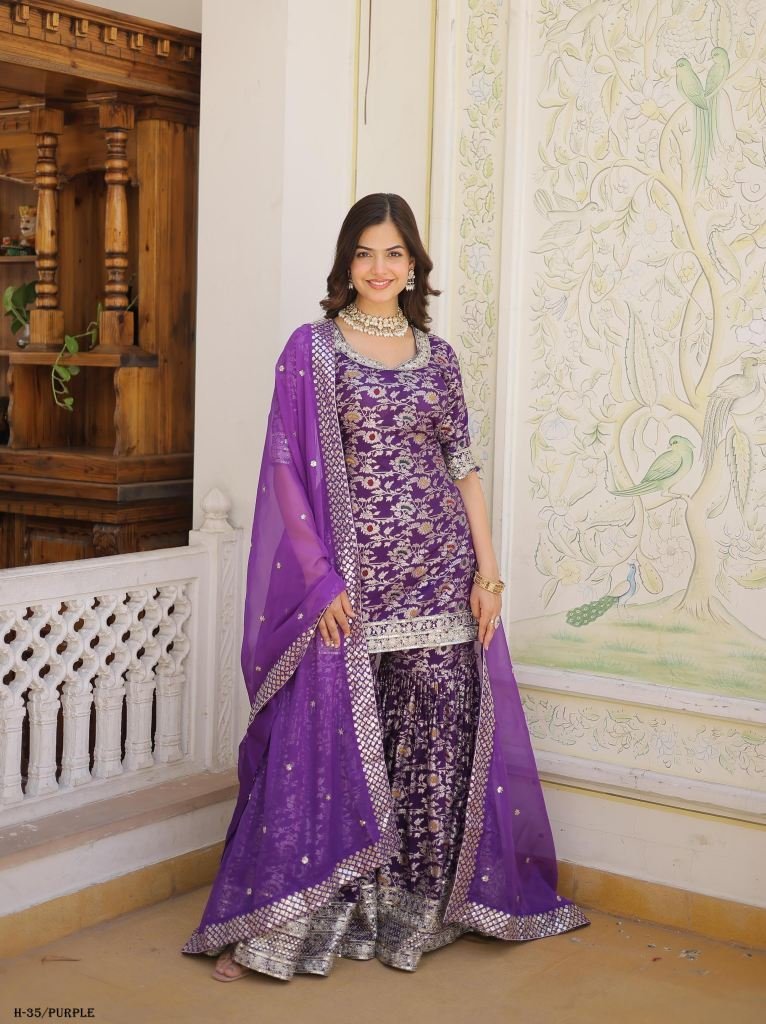 latest purple kurti gharara se 1723204629 Latest Purple Gharara Suit With Embroidery Sequence Work