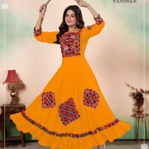 Latest Rayon Anarkali Yellow Kurtis with Gamthi Work