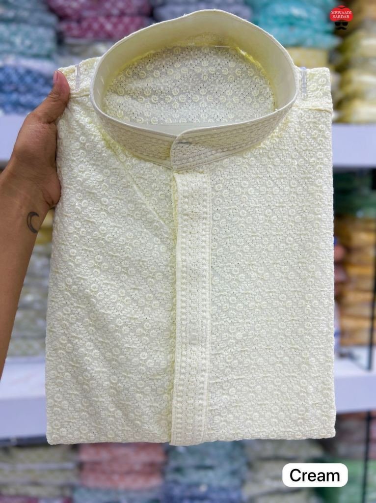 latest rayon chikan work cream 1729075047 Latest Rayon Chikan Work Cream Kurta Pyjama