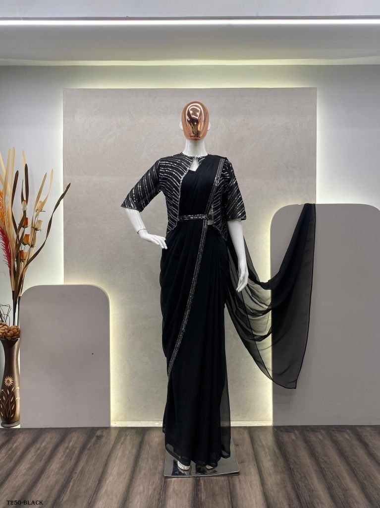 latest ready to were black geo 1721380039 Latest Ready To Ware Black Georgette Saree With Sequence Work