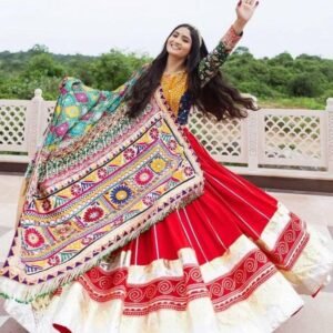 Navratri Wear Red Muslin Cotton Printed Lehenga Choli