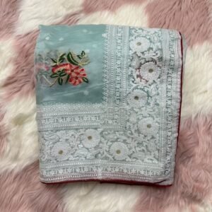 Latest Sky Blue Organza Silk Saree With Chikankari Work
