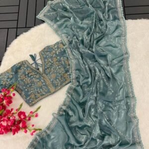 Latest Sky Blue Pure Soft Jimmy Choo Silk Saree