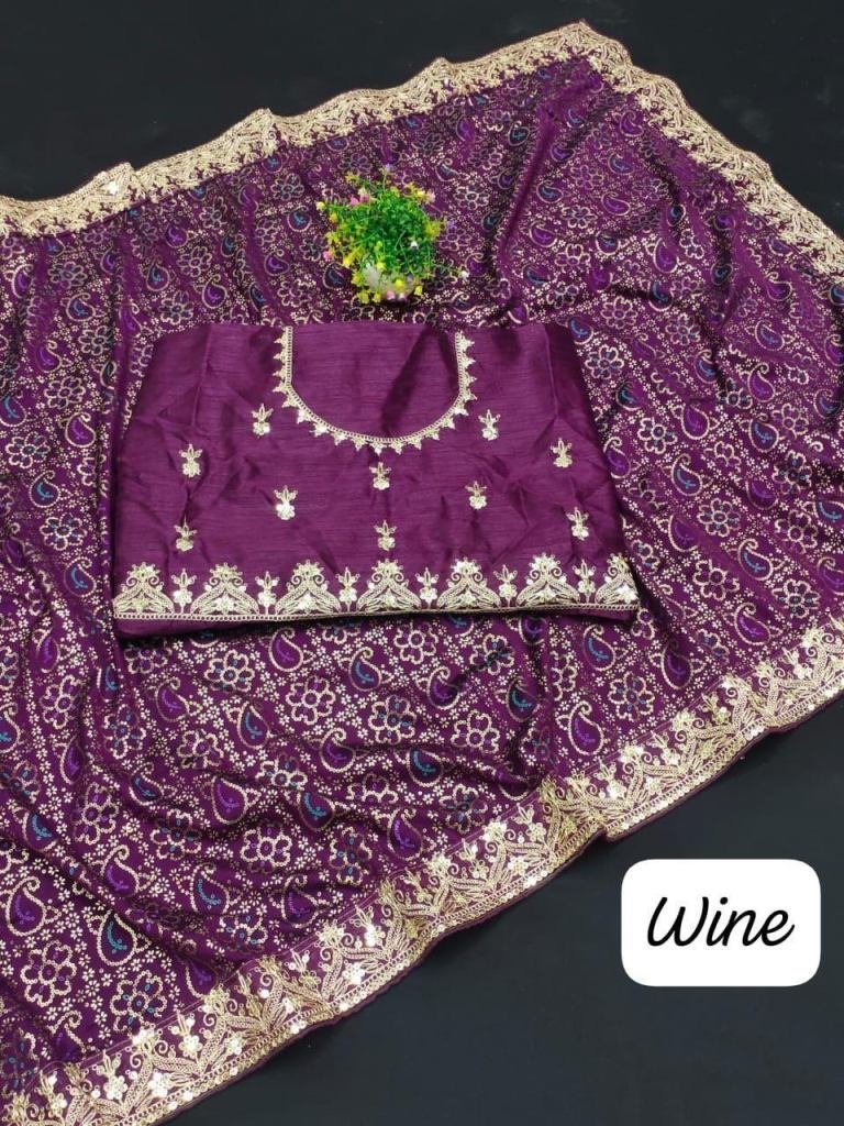 latest vichitra wine saree wit 1727345734 Latest Vichitra Silk Wine Saree With Sequence Codding work