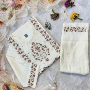 Latest White Muslin Hand Work Kurti Pant Set