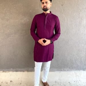 Latest Wine Men Rayon Chikan Work Kurta With Pajama