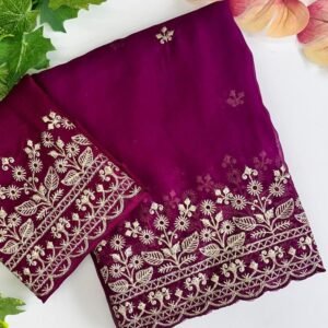 Latest Wine Organza Silk Saree With Golden Embroidery Work