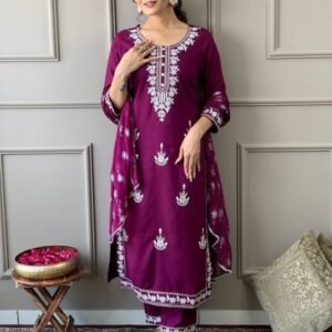 Latest Wine Rayon With Embroidery Work Kurti Pant Dupatta Set