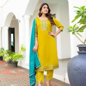 Latest Yellow Roman Silk Batali Kurti Pant Set