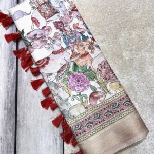 Latest Zari Weaving Worked Printed Silk White Saree