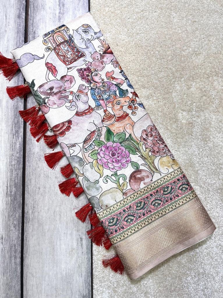 latest zari weaving worked pri 1729773452 Latest Zari Weaving Worked Printed Silk White Saree
