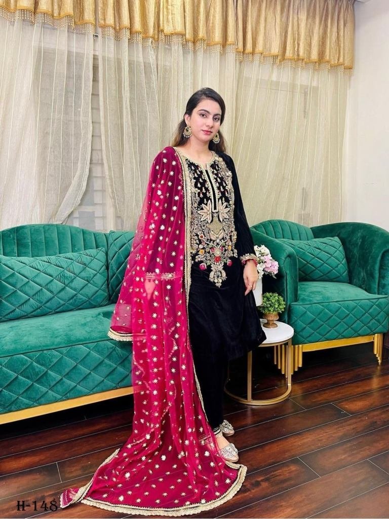 launching velvet black suit pa 1726227772 Launching Velvet Black Suit Pant With Dupatt