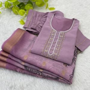 Lavender Fancy Neck Handwork Work Roman Silk Kurtis Set With Dupatta