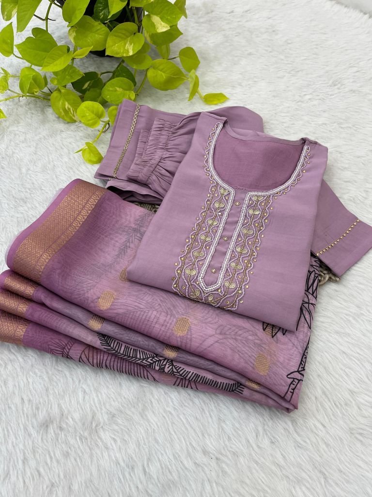 lavender fancy neck handwork w 1728464019 Lavender Fancy Neck Handwork Work Roman Silk Kurtis Set With Dupatta
