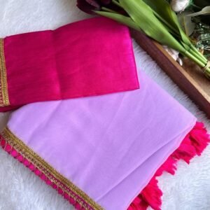 Lavender Festival Special Plain And Border Lace Work Georgette Saree With Latkan