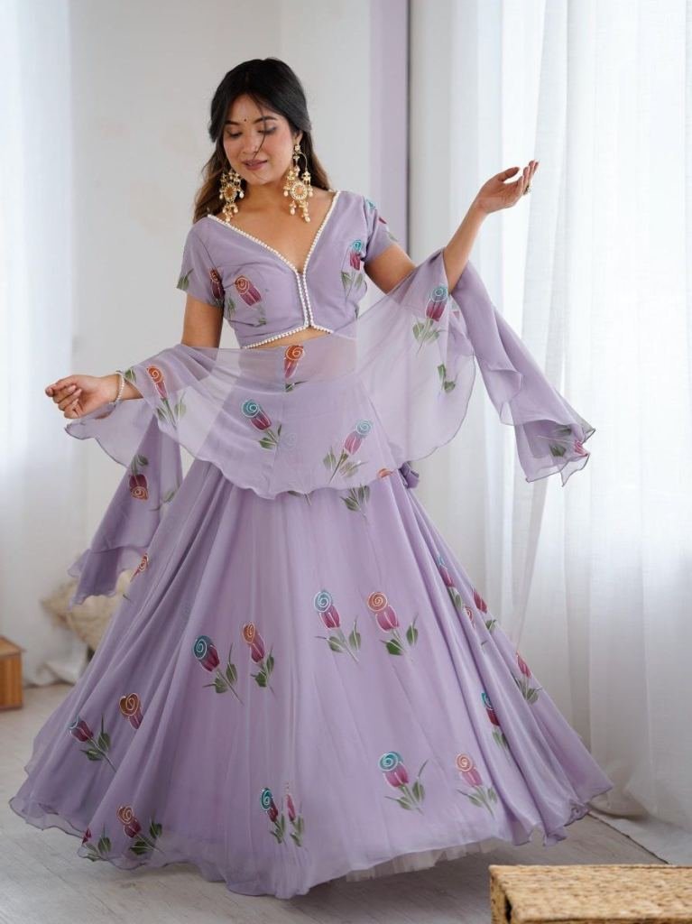 lavender floral embroidered so 1765186534 Lavender Floral Embroidered Soft Georgette Lehenga Choli Set