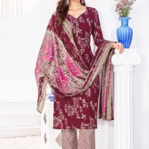 Leaves Design Cherry Color Kurti Pant Set